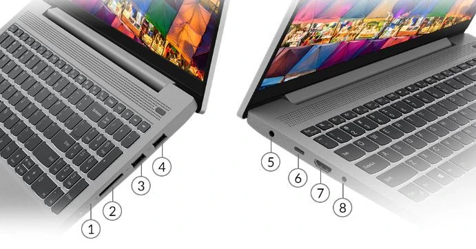 Lenovo Ideapad 5 15 AMD với nhiều cổng kết nối: USB-C, USB-A, SD, HDMI, jack tai nghe.