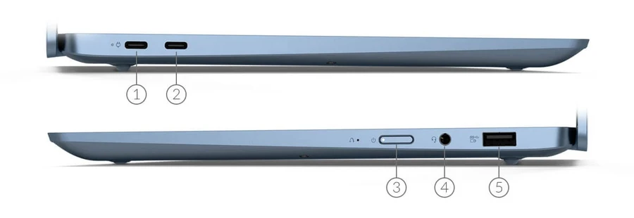 Cạnh trái laptop Lenovo Ideapad S540-13IML có cổng USB-C Thunderbolt 3, USB-A và jack 3.5mm.