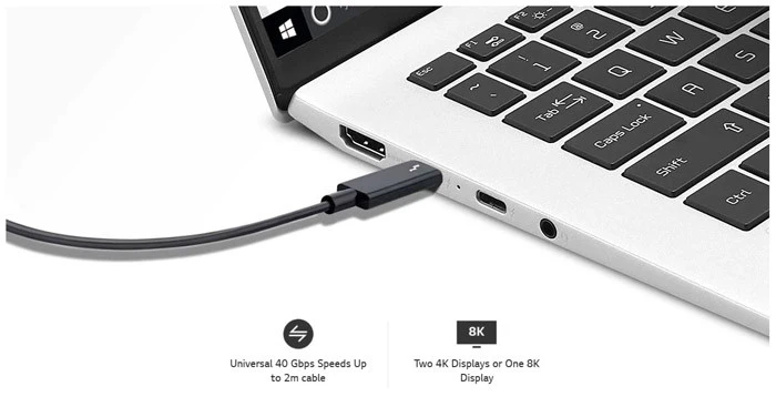 LG Gram 14 2021 với pin 72Wh, 9 giờ sử dụng, đầy đủ cổng kết nối Thunderbolt 4, USB 3.2, HDMI, Micro SD.