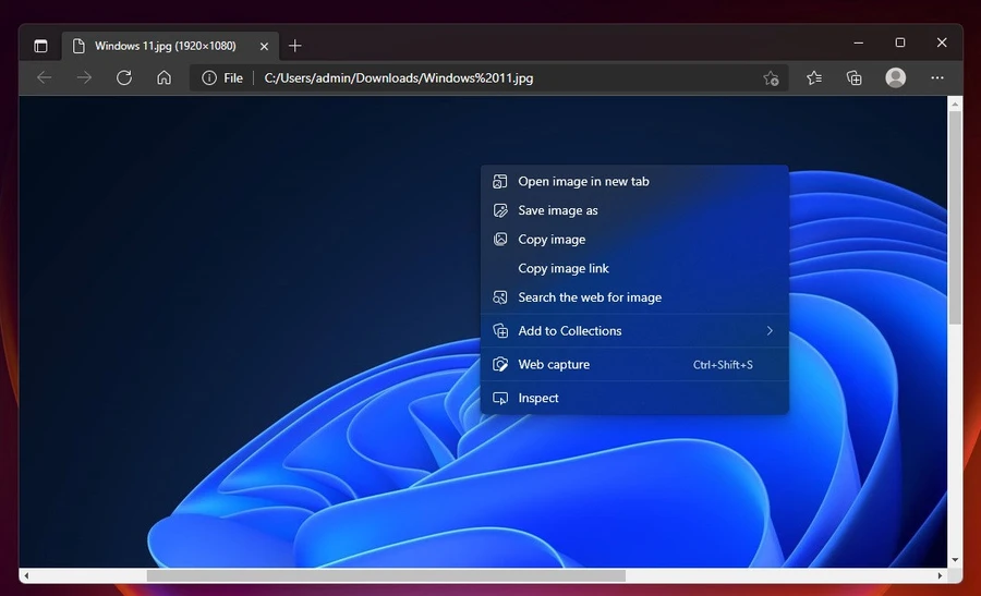 Menu ngữ cảnh Microsoft Edge mới với vật liệu thiết kế hài hòa.