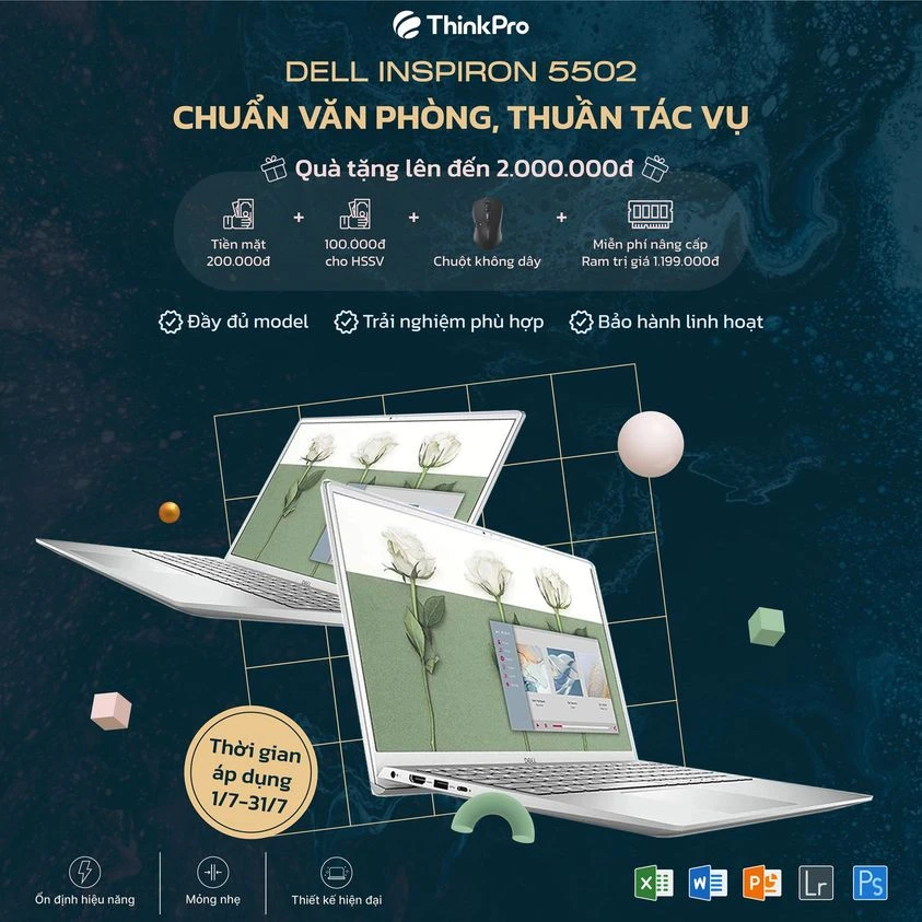 Laptop Dell Inspiron 5502 màu trắng, chip Intel Gen 11, card đồ họa Iris Xe
