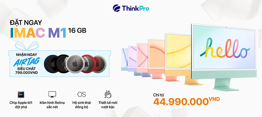 Hình ảnh iMac M1 màu xanh với ưu đãi đặt hàng trước tặng móc khóa AirTag.