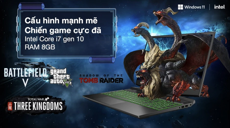 Laptop gaming Windows 11 với SSD 512GB, RAM 8GB, bàn phím đèn nền, tản nhiệt kép