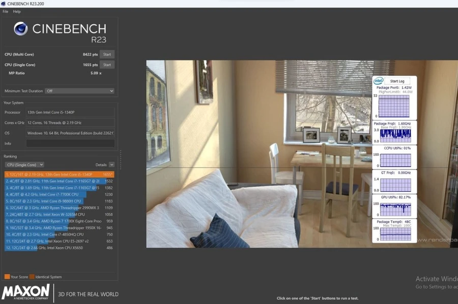 Sử dụng phần mềm benchmark Cinebench R23, Core i5-1340P cho ra điểm số là 8422 cho đa nhân và 1655 cho đơn nhân