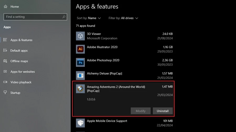 Chọn ứng dụng và nhấp vào nút Uninstall