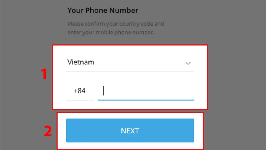 nhập số điện thoại của bạn và chọn quốc gia tương ứng