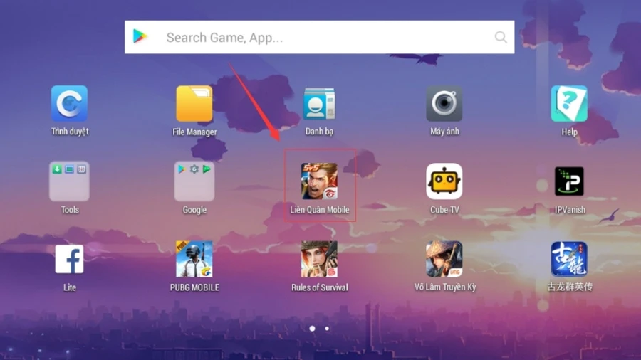 Trên giao diện NoxPlayer, tìm kiếm Liên Quân Mobile