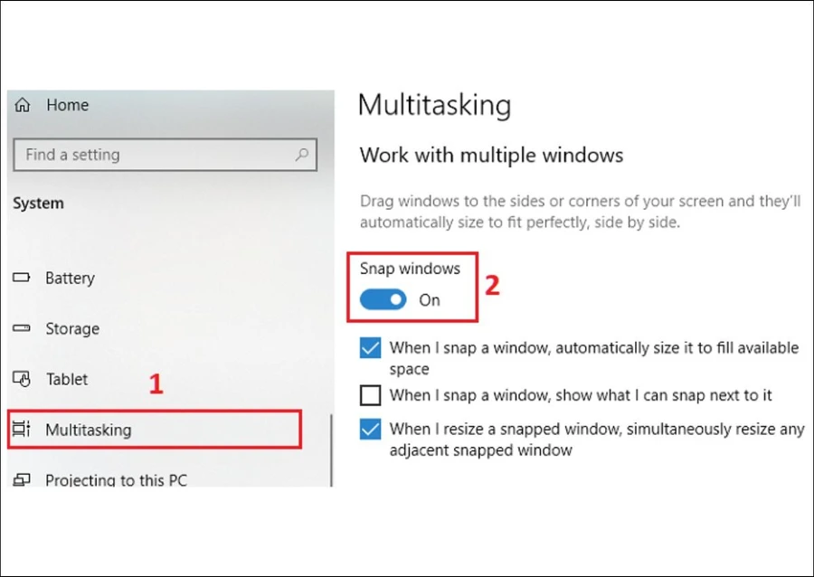 Chọn Multitasking, Snap windows