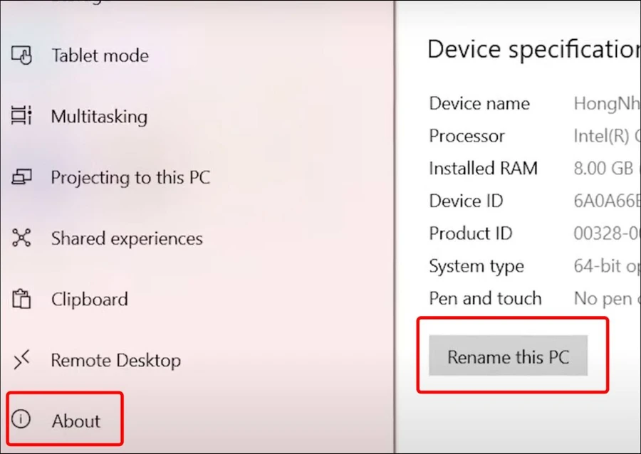 Chọn Rename this PC để đổi tên