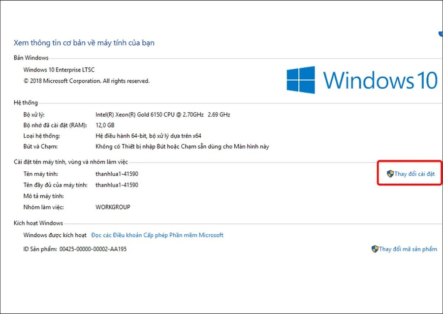 Trong tab Computer name, chọn Change settings