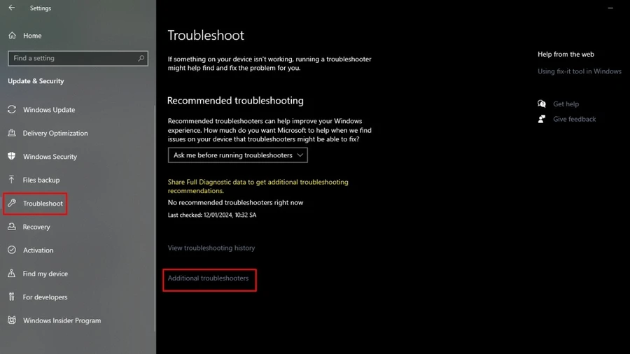 Chọn Additional troubleshooters