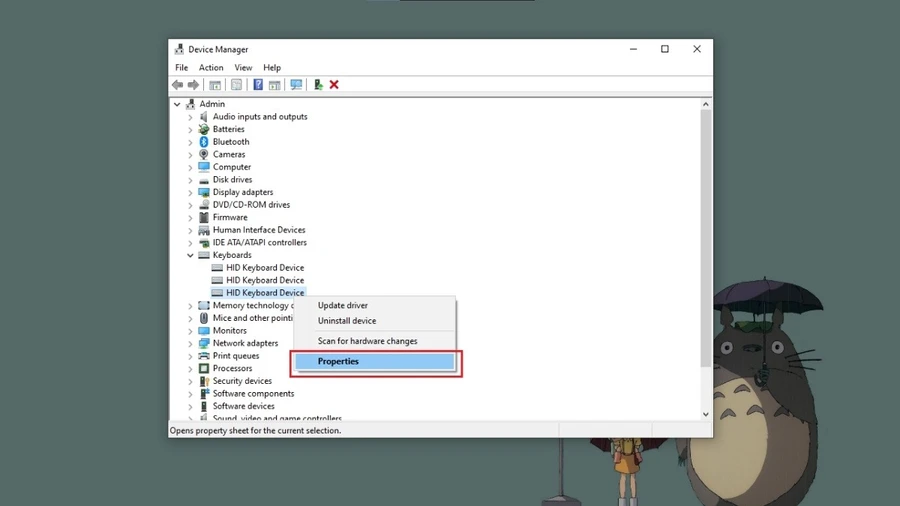 Nhấn chuột phải vào HID Keyboard Device và chọn Properties