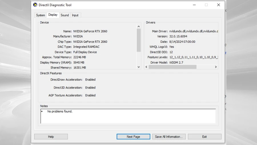 Nhấn Windows + R. Nhập dxdiag và nhấn Enter.  Chọn tab Display để xem thông tin về card đồ họa
