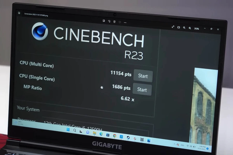 Kết quả của GIGABYTE G5 2022 qua bài test Cinebench R23