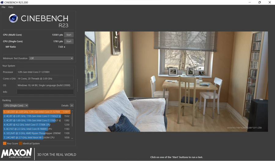 Điểm Cinebench R23 trên ROG Flow Z13