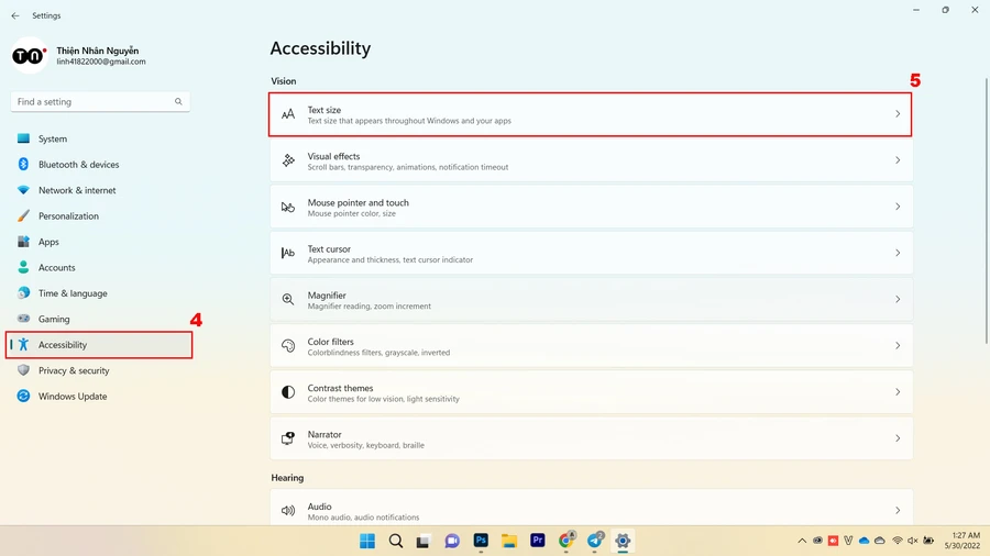  nhấn chọn Accessibility. Khi thư mục Accessibility hiện ra, chọn Text size.
