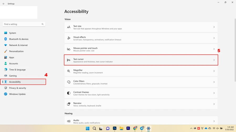 Tại cửa sổ Settings, nhấn chọn Accessibility. Khi thư mục Accessibility hiện ra, chọn Text cursor