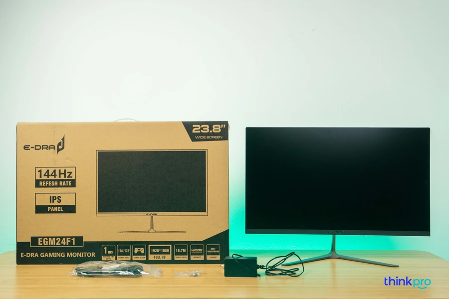 Toàn bộ những gì trong thùng màn hình E-DRA EGM24F1: Màn hình, dây DisplayPort, nguồn, ốc vít và HDSD.