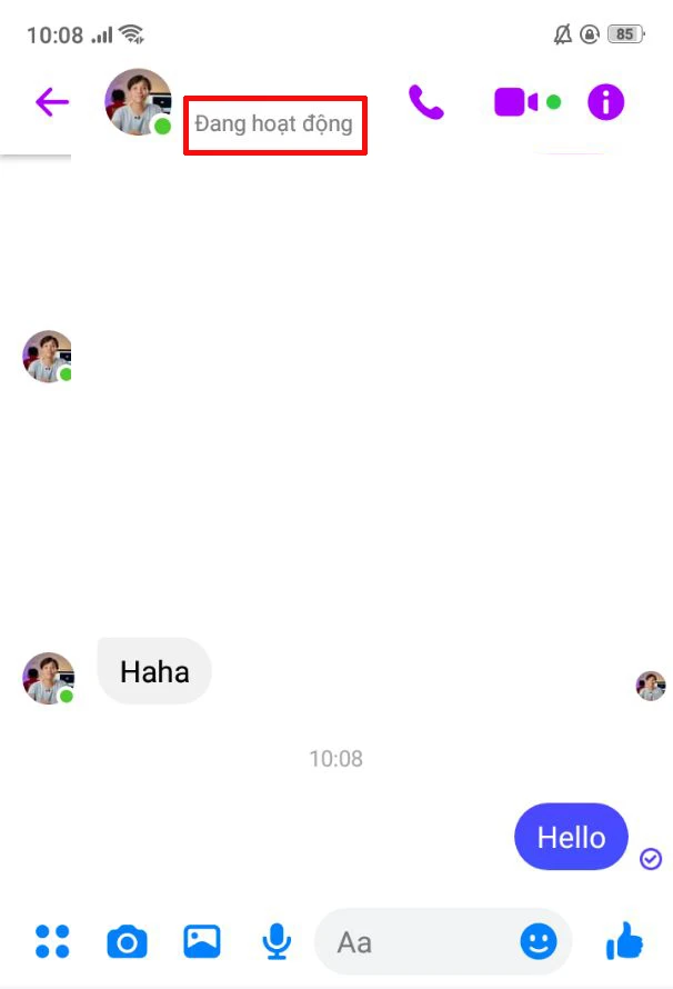 Biểu tượng Messenger cho thấy người dùng đang hoạt động hoặc thời gian hoạt động gần nhất.