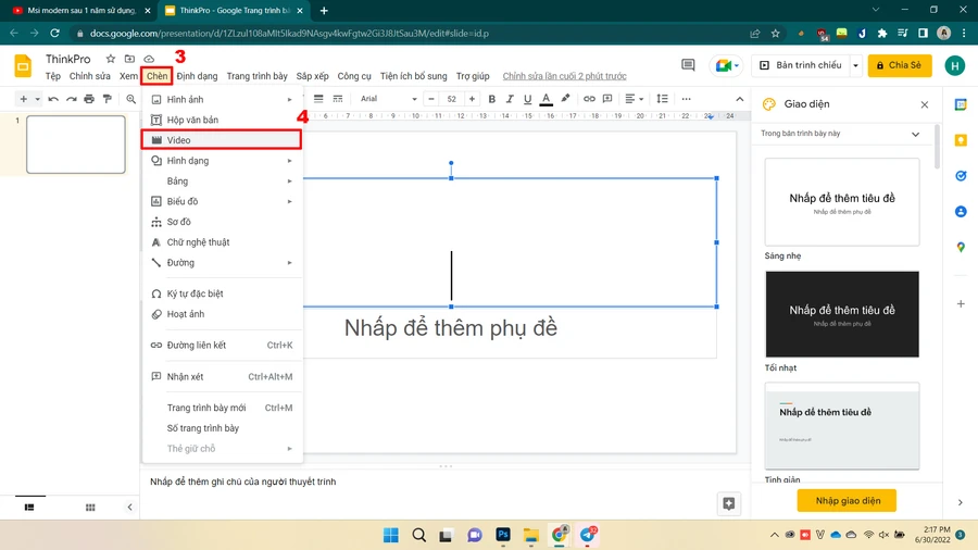Thêm video YouTube vào Google Trang trình bày, tùy chỉnh kích thước, vị trí và bóng đổ.