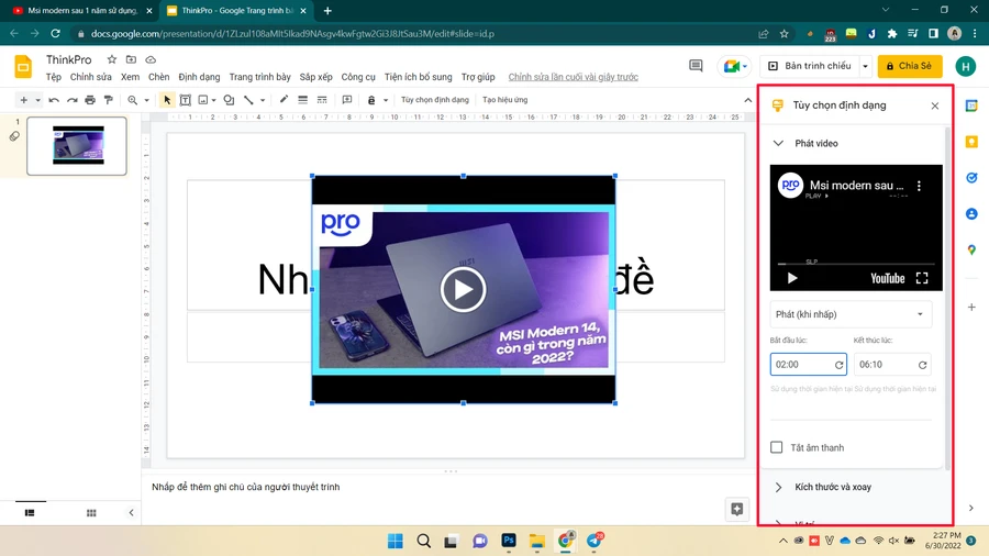 Thanh tùy chọn định dạng để phát video YouTube trong Google Sheets.