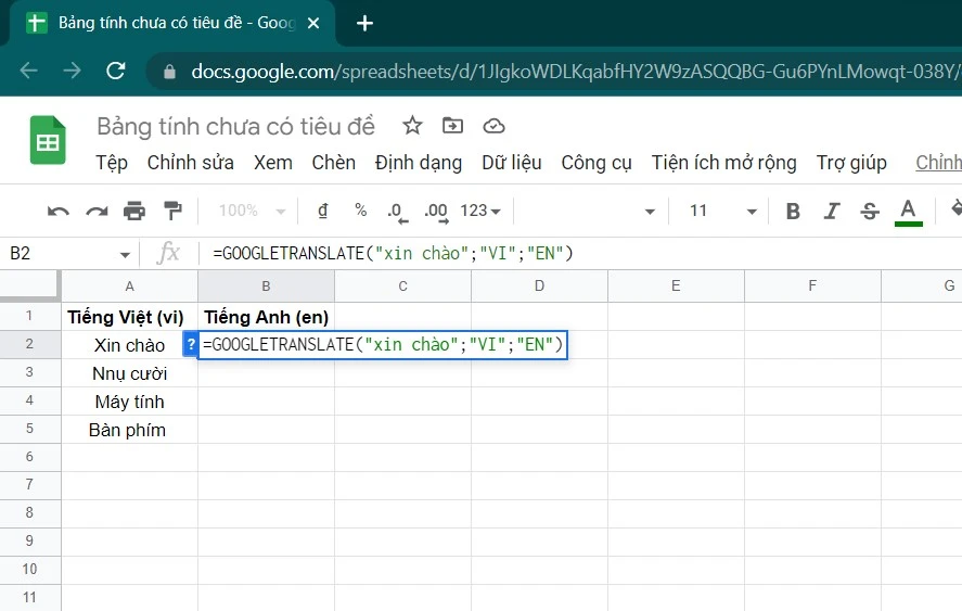 Ví dụ hàm Google Translate dịch văn bản trong Google Sheets