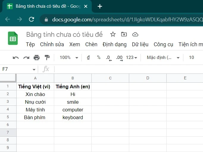 Ví dụ hàm Google Translate dịch "Thank you" từ Anh sang Việt trong Google Trang tính