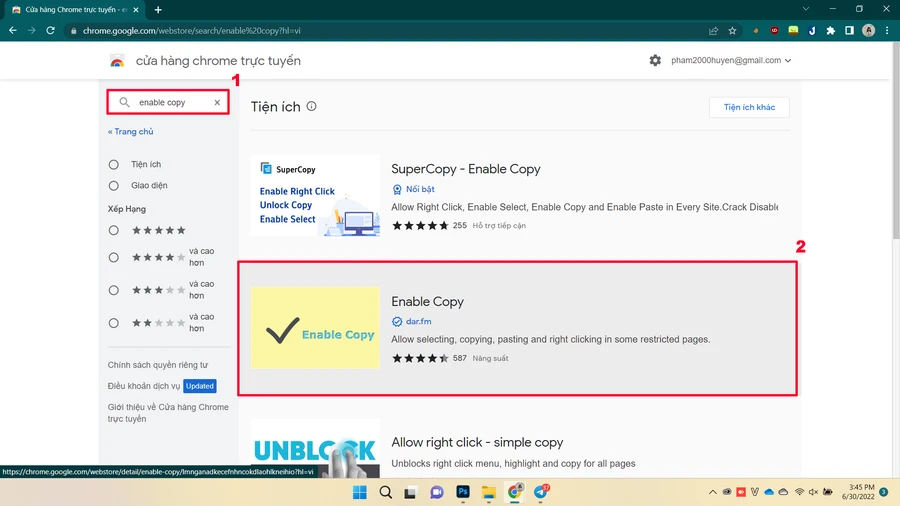 Biểu tượng Enable Copy trên Chrome cho phép sao chép nội dung trang web bị chặn.