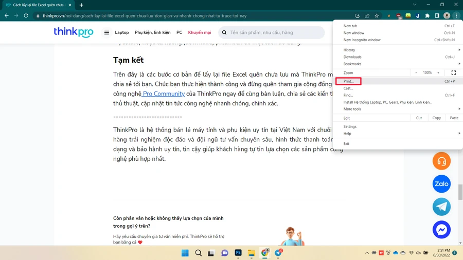 Minh họa cách sao chép nội dung trang web bằng tính năng in.