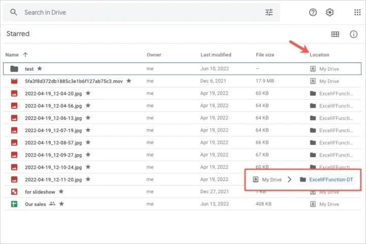 Đường dẫn tệp Google Drive hiển thị vị trí chính xác của tệp, giúp dễ dàng quản lý và truy cập.