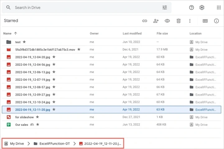 Đường dẫn tệp đầy đủ hiển thị ở cuối màn hình Google Drive.