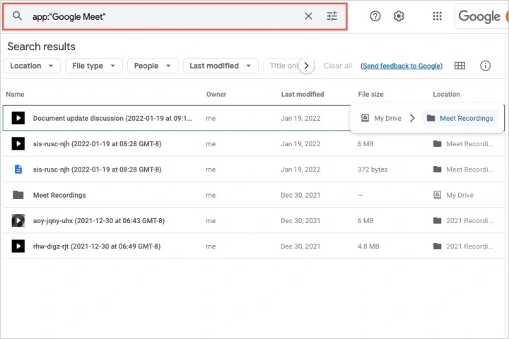 Google Drive hiển thị các tệp liên quan đến cuộc họp Google Meet.