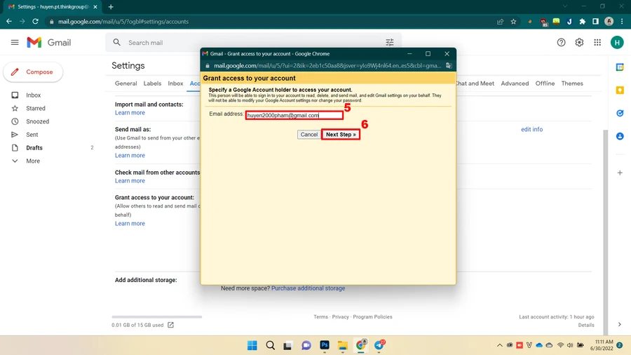 Giao diện cài đặt ủy quyền truy cập Gmail cho phép thêm người dùng.