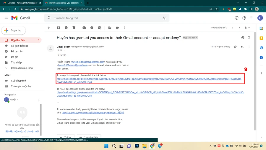 Giao diện cài đặt ủy quyền truy cập Gmail