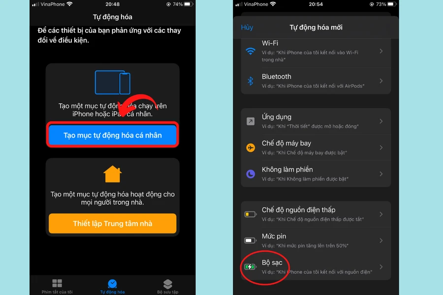 Siri tạo mục tự động hóa cá nhân chọn Bộ sạc