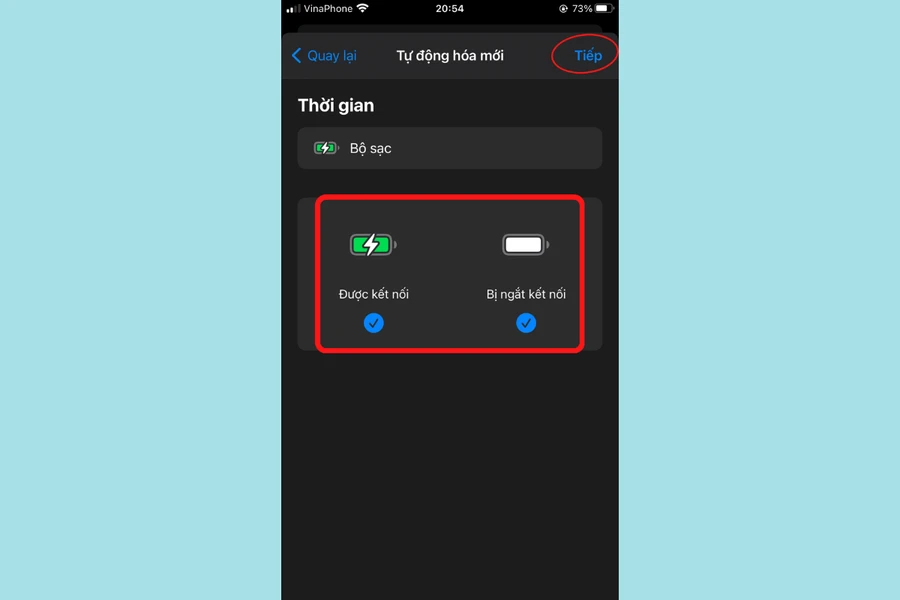 Siri: Đánh dấu "Được kết nối" và "Bị ngắt kết nối", nhấn "Tiếp".