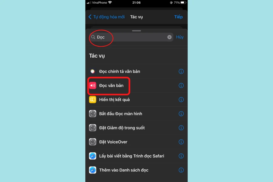 Siri đọc văn bản: Chọn "Tìm kiếm ứng dụng và tác vụ", nhập "Đọc", chọn "Đọc văn bản".