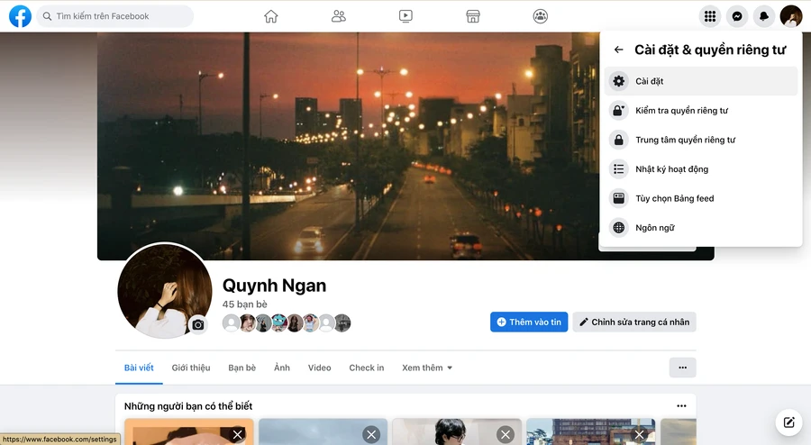 Đăng nhập vào Facebook và Chọn Cài đặt