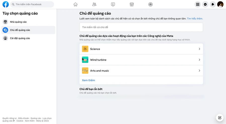 Giao diện Tùy chọn quảng cáo của bạn sẽ hiện ra và Chọn Chủ đề quảng cáo