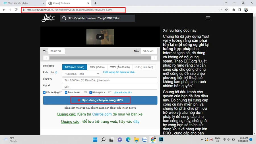 Chọn định dạng âm thanh và nhấn nút để tải nhạc YouTube sang MP3.