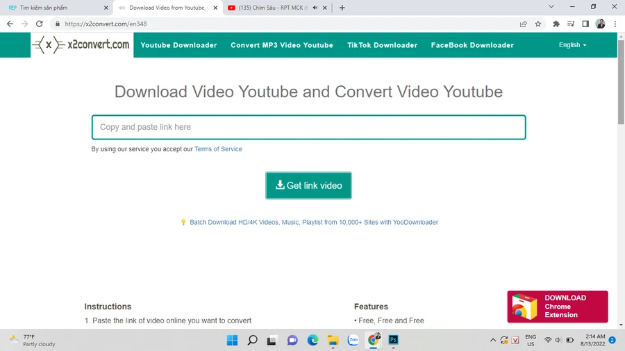 Trang web x2convert.com hiển thị ô nhập URL video YouTube và nút "Get link video".