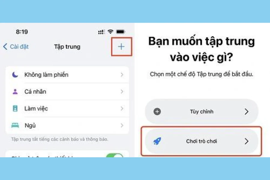 iPhone hiển thị tùy chọn "Chơi trò chơi" trong cài đặt Tập trung.