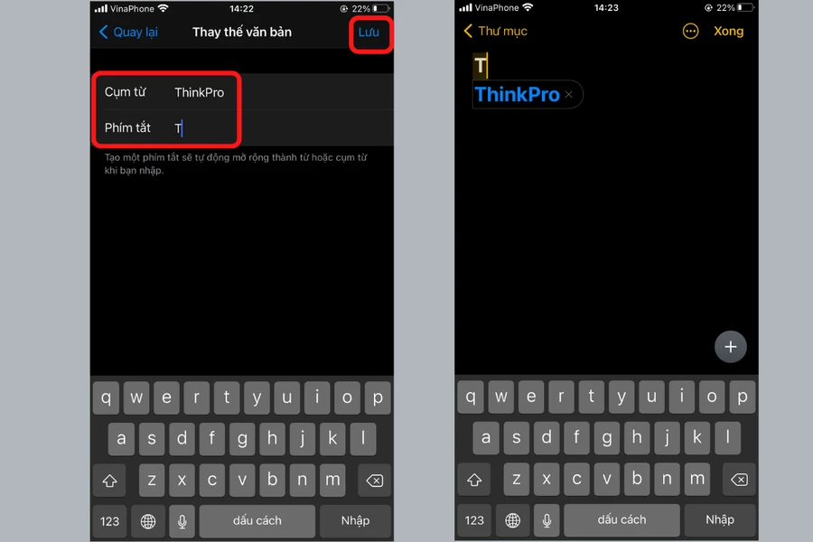 Bàn phím iPhone hiển thị gợi ý "ThinkPro" khi gõ "T"