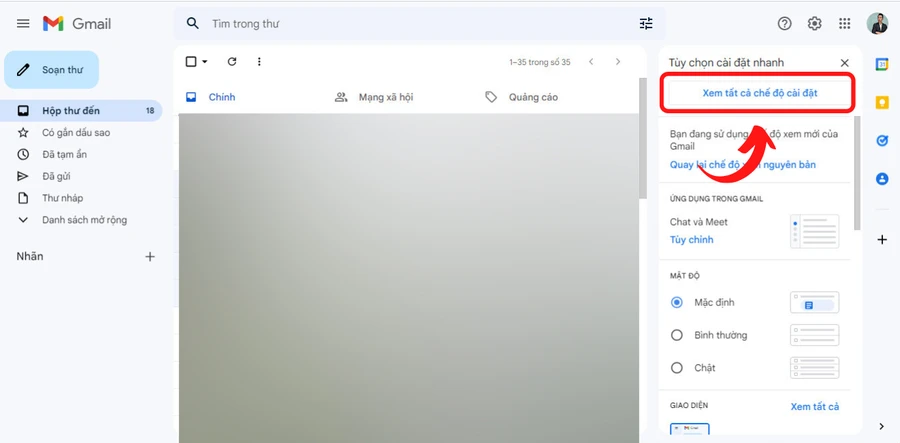 Giao diện Gmail mới với tùy chọn xem tất cả chế độ cài đặt