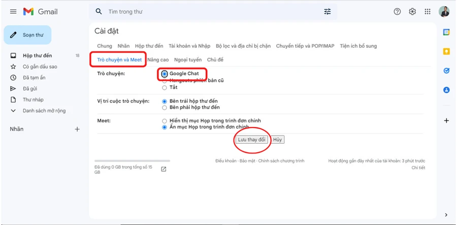 Giao diện Gmail: chọn Google Chat trong mục Trò chuyện và Meet.