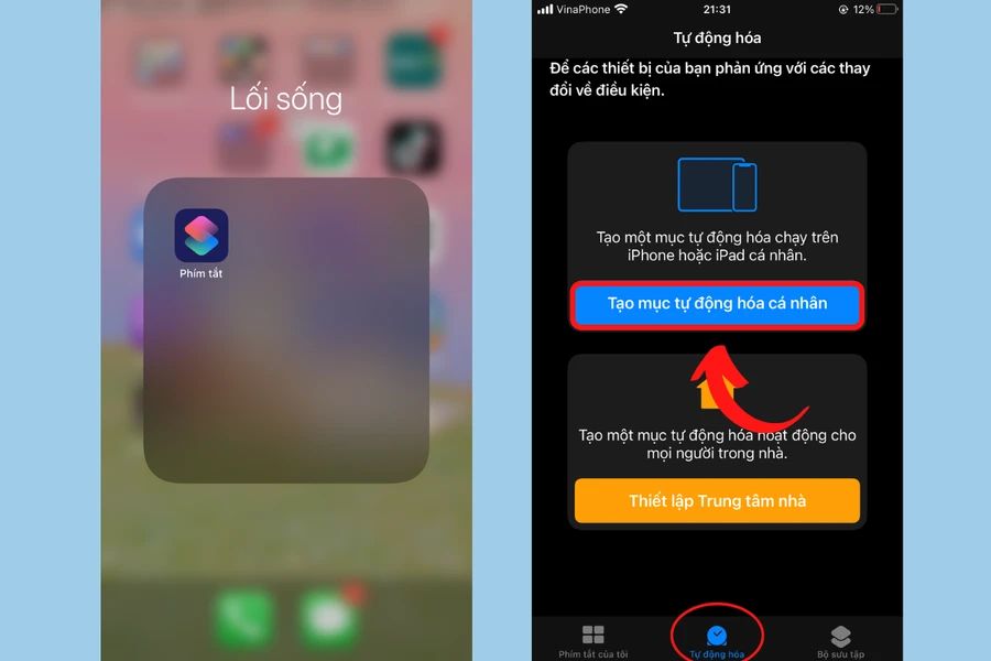 Hình nền iPhone với biểu tượng ứng dụng Phím tắt và các tùy chọn tự động hóa