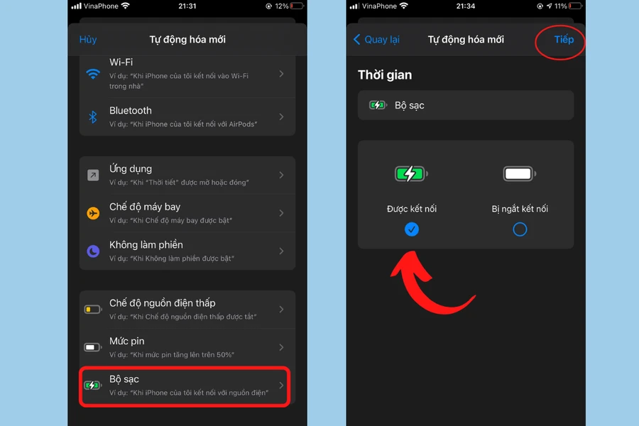 Hình ảnh minh họa giao diện chọn bộ sạc iPhone với tùy chọn "Được kết nối"