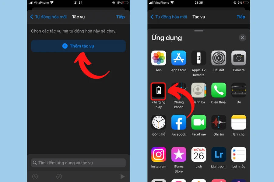 Giao diện ứng dụng Charging Play trên iPhone để thêm tác vụ