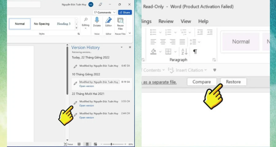 Khôi phục file Word đã ghi đè bằng cách chọn file và nhấn "Restore".