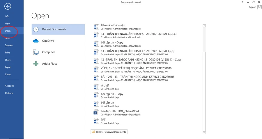 Khôi phục file Word chưa lưu bằng cách chọn "Open" trong Microsoft Word